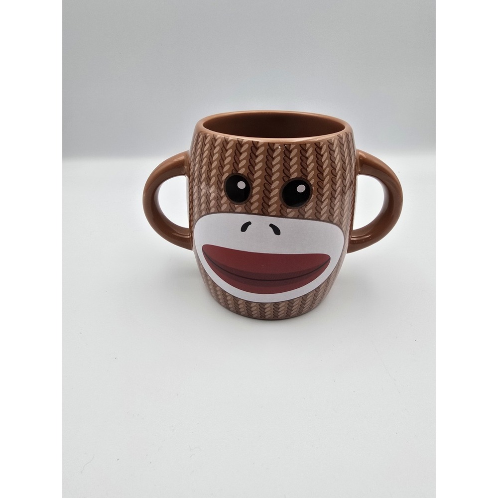 Galerie Sock Monkey Ceramic Coffee Mug Double Handle Brown Knit Pattern 33983